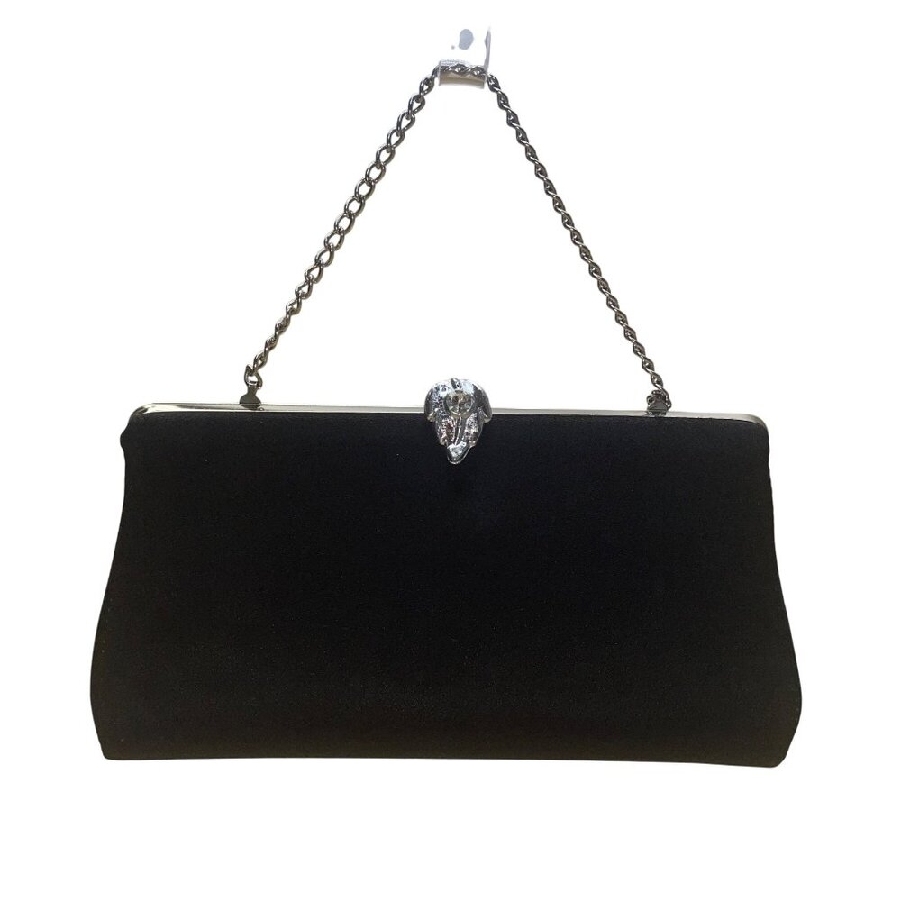 Black Satin Chain Handle With Silver Rhinestone Leaf Closure Evening Clutch